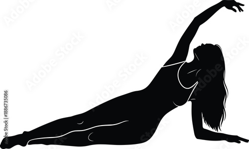 Silhouette, side stretch pose, fitness, yoga movement, graceful arc, flexibility, balance, black background, exercise posture, body alignment, elegance