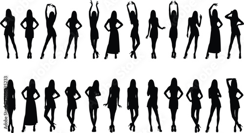 Silhouette, women standing poses, fashion stance, elegant posture, body language, black background, dress styles, artistic figure, graceful, feminine form