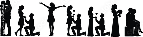 Romantic couple silhouettes showing proposal love moments, engagement scenes, hugging and kissing, black and white vector illustration collection for stock