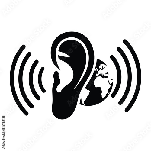 Black silhouette of an ear receiving sound waves from a globe listening