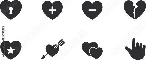 Solid heart vector icon set with love, romance, broken heart, arrow, star, and keyhole symbols