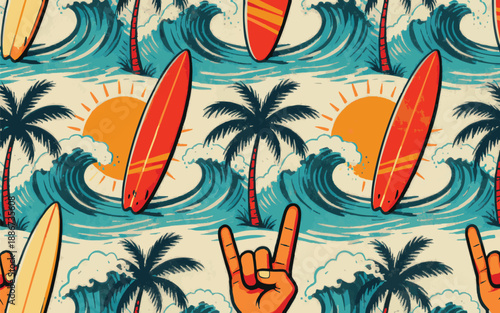 Retro Summer Surf Seamless Pattern with Waves and Palms