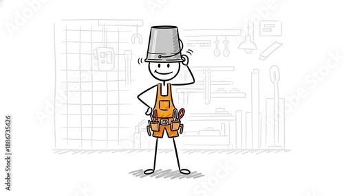 Stick Figure Construction Worker Wearing a Bucket Hat and Tool Belt.