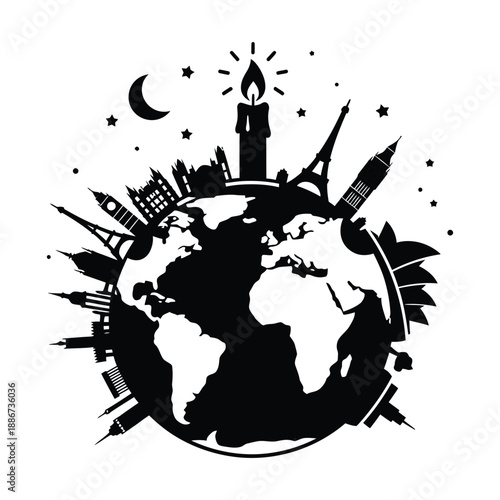 Black silhouette of globe with city skylines and candle under moon and stars earth world