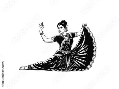 Indian Classical Dancer Illustration in Black and White Vector Style