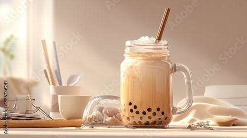 Refreshing bubble tea served in a glass jar with ice and a straw placed on a wooden table surrounded by kitchen utensils and soft light