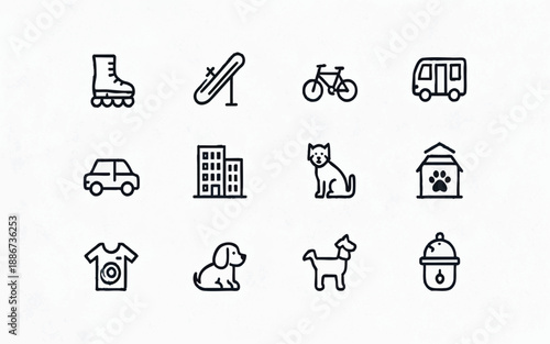 Rental Services Icon Set: Transport, Pets, and Gear