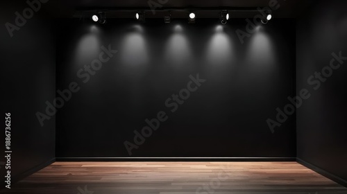 Elegant dark room with blank wall and copy space at night, negative space for minimalist design, product visual