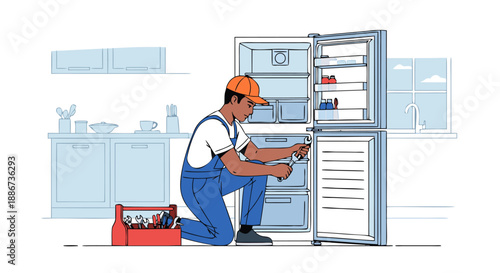 Professional Appliance Repairman Working on a Refrigerator - Vector Illustration