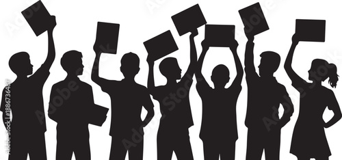 Silhouettes of people holding signs in protest demonstration