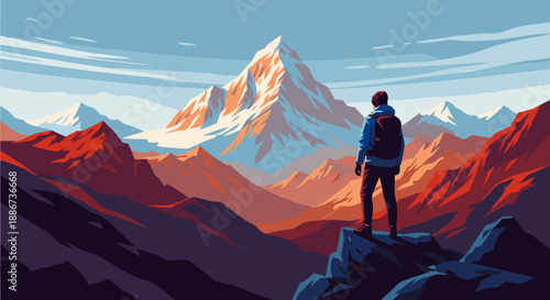 Epic mountain range exploration illustration vector art, capturing a lone hiker's awe-inspiring journey amidst rugged peaks and stunning panoramic vistas