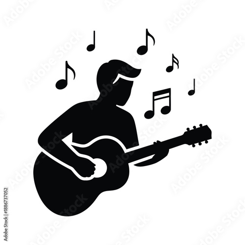 Black silhouette of a man playing acoustic guitar with musical notes vector