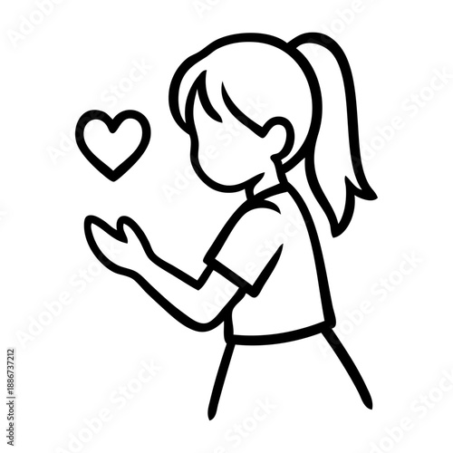 Dibujo con líneas de niña de pie con un corazón en la mano