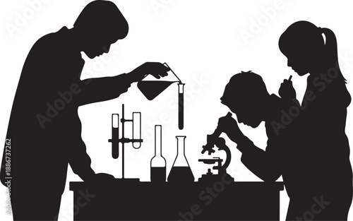 Silhouettes of scientists conducting experiments in a laboratory