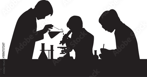 Three silhouettes conducting science experiment with lab equipment