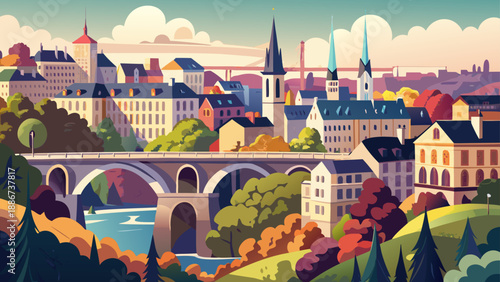 Very beautiful skyline view of Luxembourg City centered on the iconic Pont Adolphe Bridge, blending classical stone engineering with modern urban architecture and natural valley scenery.