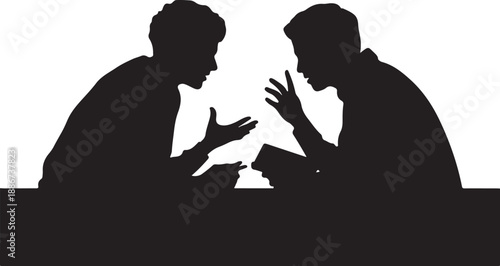 Two silhouettes of people sitting at a table and gesturing while holding