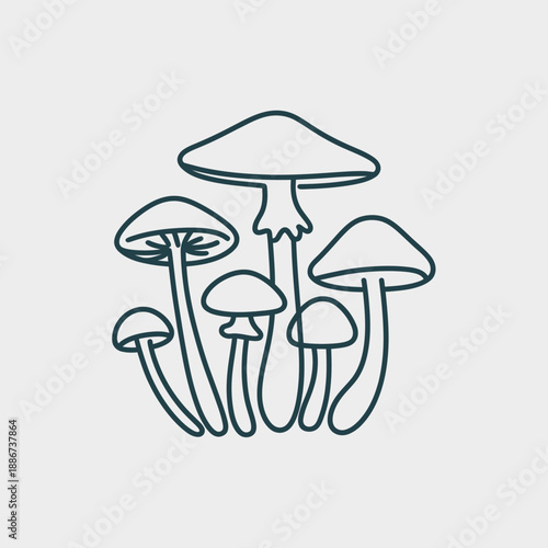 Simple illustration of several dark teal mushrooms on a light background