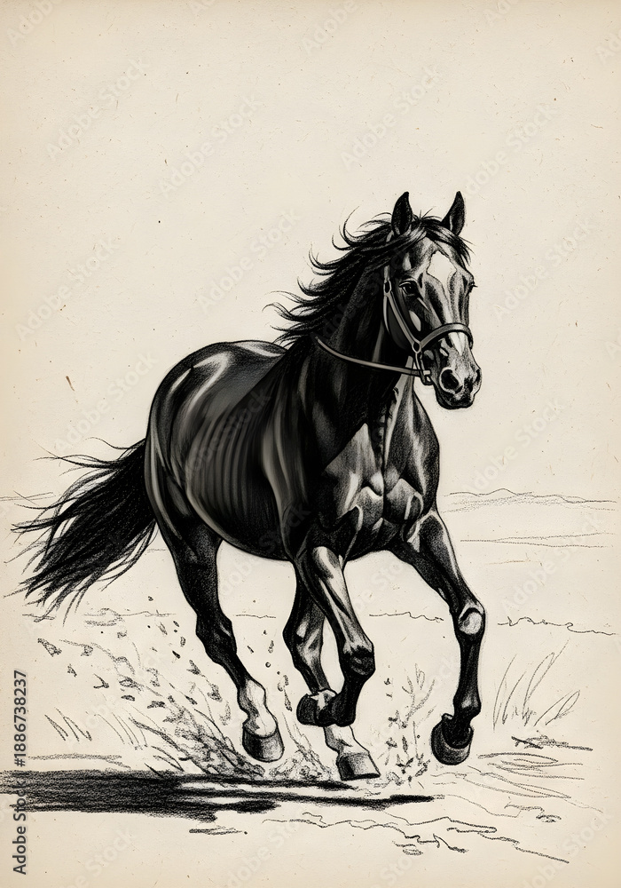 Fototapeta premium Dynamic Galloping Horse Pencil Drawing Art