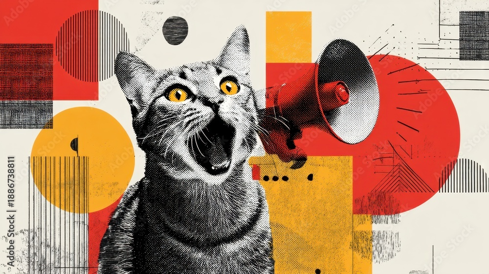Fototapeta Artistic collage of cat with megaphone and abstract shapes.