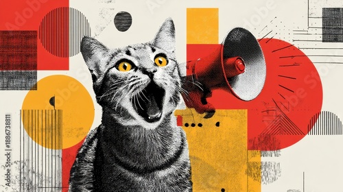 Artistic collage of cat with megaphone and abstract shapes.