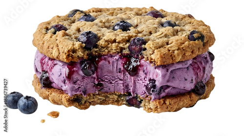 Gourmet Blueberry Ice Cream Sandwich with Oatmeal Cookies - Delicious Frozen Dessert with Fresh Blueberries isolated on a transparent background 