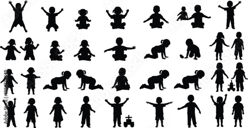 Children silhouettes collection, kids baby toddler playing sitting crawling jumping poses set, black child activity figures isolated on white background