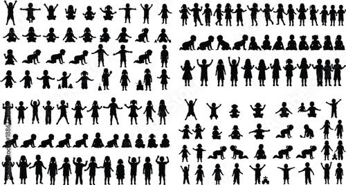 Children silhouettes mega collection, kids baby toddler standing sitting crawling jumping playing poses, black child activity figures isolated on white background