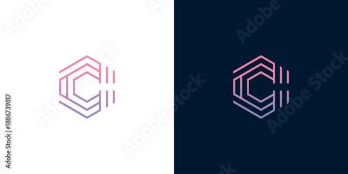 Abstract hexagonal logo with gradient color and unique minimalist design, perfect for branding and identity