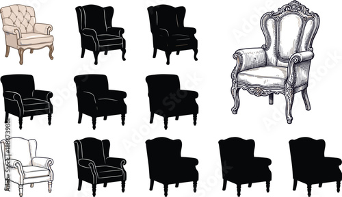 Classic armchair collection in silhouette and sketch styles, vintage furniture design set, elegant upholstered chairs isolated on white background
