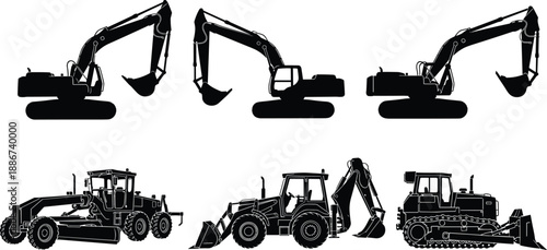 Construction machinery silhouettes collection, excavator bulldozer backhoe grader heavy equipment set, black industrial vehicles isolated on white background illustration