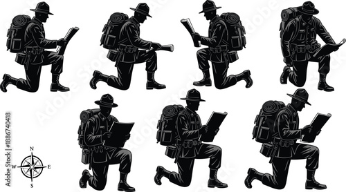 Explorer map reading silhouette set isolated on white background showing adventure navigation hiking expedition vintage traveler illustration collection