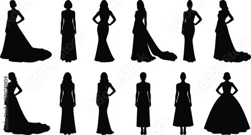 Elegant women evening gown silhouettes, female figures in long dresses, black fashion vector illustration set isolated on white background design