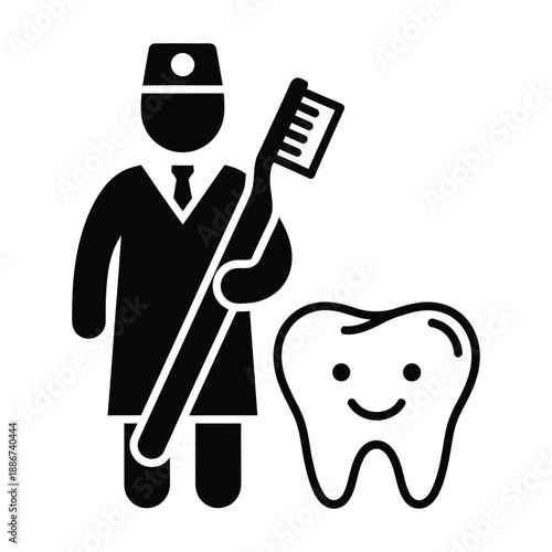 Dentist holding toothbrush next to happy tooth icon dental hygiene