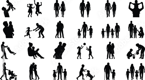 Family activity silhouettes showing parents and children bonding, love moments, parenting lifestyle scenes, happy relationships collection isolated on white background