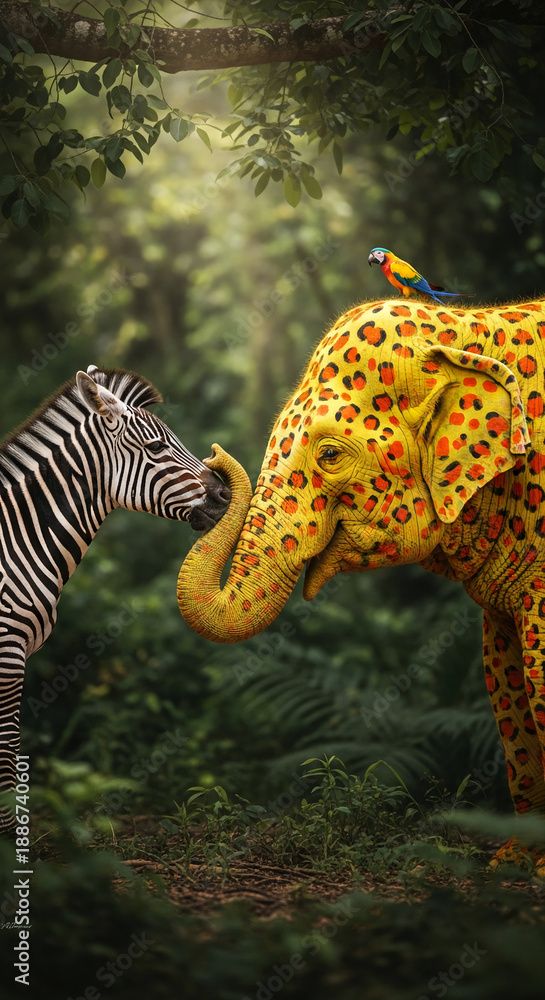 Obraz premium Image shows zebra touching trunk of leopard-spotted elephant, with macaw on its head, in jungle, symbolizing friendship and fantasy in nature