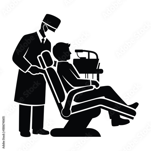 Dentist examining patient in dental chair with equipment examination