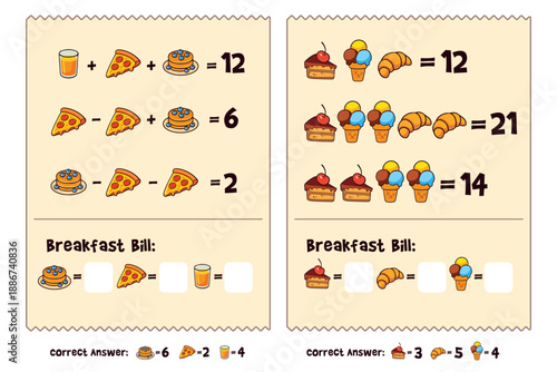 Kids math worksheet. Solve food price equations on two bills. Pizza, juice, pancakes cake, ice cream, croissant. Fill item prices and totals. Bright printable for class or home.