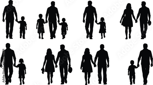 Family silhouettes collection, parents walking with children holding hands, mother father kids together, black human figures isolated on white background