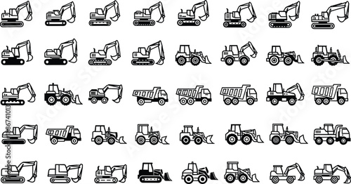 Construction vehicle icons, excavator, bulldozer, dump truck, front loader, backhoe, heavy machinery, industrial equipment, building site, black white illustration