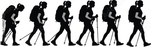 Female hiker silhouette walking sequence, trekking woman with backpack and poles, outdoor mountain adventure journey, isolated black figure concept lifestyle
