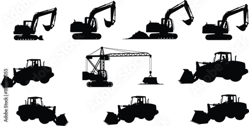 Construction vehicle silhouettes, excavator bulldozer crane, heavy machinery icons, black white illustration, industrial equipment, dirt pile, grid layout, vector set