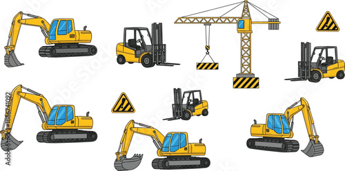 Construction vehicles set, excavator forklift crane, heavy machinery, warning signs, industrial equipment, yellow machines, building tools, vector illustration, site safety, work zone