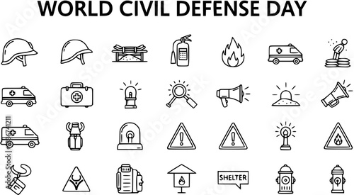 World Civil Defense Day black line icons set. Outline symbols for emergency, rescue, and safety, representing disaster preparedness.
