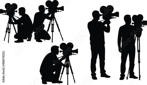 Film crew silhouette operating vintage movie camera on tripod, cinematography production team working together isolated on white background