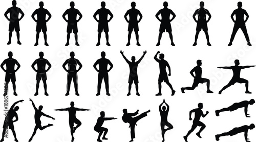 Fitness exercise silhouette set showing male workout poses, yoga stretching training movements, athletic body actions isolated on white background