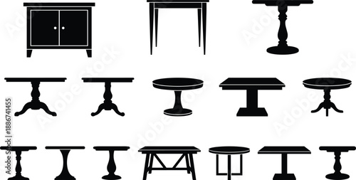 Furniture table silhouette set featuring cabinet, coffee, dining, side, pedestal tables, classic wooden designs isolated on white background