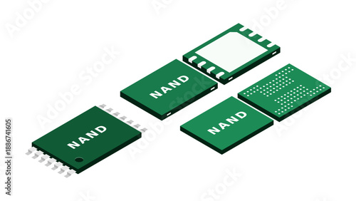 Isometric Storage Device Layout of NAND Flash Memory Chips Used in Solid State Drive Architecture