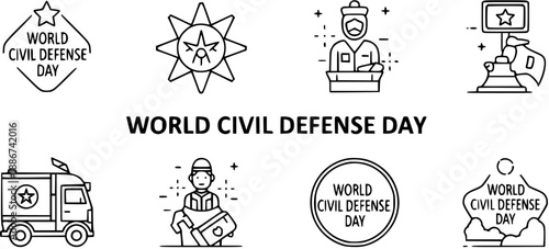 World Civil Defense Day Outline Icons Set with Emblems, Logos, Truck, and Rescuer Illustrations