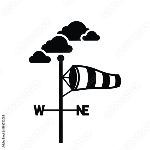 Black and white icon of a windsock with clouds and compass directions weather
